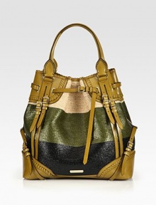 Super-smooth whip-stitched leather mixes with a colorblocked raffia blend in this roomy, top-handle silhouette. Double top handles, 6 dropMagnetic snap closureOutside buckled strapsProtective metal feetOne inside zip compartmentOne inside zip pocketThree inside open pocketsFully lined13½W X 13H X 6¼DMade in Italy