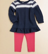 A nautical-inspired set featuring a striped, ruffled tunic atop a pair of cozy leggings.BoatneckLong sleevesPullover styleRuffled hemElastic waist50% polyester/50% rayonMachine washImported