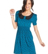 Totally fun for school, Angie's puff-sleeve dress joins a peter-pan collar with a galloping horse-print for a look that's whimsically equestrian!
