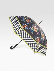 A gorgeous floral print edged in a painterly checked border will brighten any rainy day.Rubberized handleMetal frameOpen diameter, about 40Folded length, about 33NylonImported A gorgeous floral print edged in a painterly checked border will brighten any rainy day.Rubberized handleMetal frameOpen diameter, about 40Folded length, about 33NylonImported