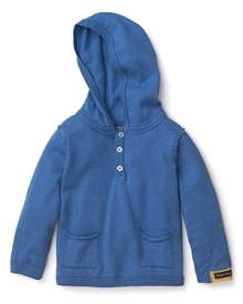A pullover hoodie with cool patch pockets and henley placket from Pearls & Popcorn is comfy for lounging or out and about.