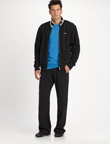 A sporty favorite of textured jersey cotton accented with striped collar and logo embroidery.Zip frontRibbed collar, cuffs and hemFront slash pocketsFully linedCottonMachine washImported A sporty favorite of textured jersey cotton accented with striped collar and logo embroidery.Zip frontRibbed collar, cuffs and hemFront slash pocketsFully linedCottonMachine washImported