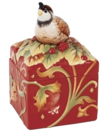 The ultimate gift box, this Bountiful Holiday keeper from Fitz and Floyd is rich with detail, from the sculpted autumnal pattern to its figural bird and berry lid. A gift in itself or an elegant way to present something smaller. The ultimate gift box, this Bountiful Holiday keeper from Fitz and Floyd is rich with detail, from the sculpted autumnal pattern to its figural bird and berry lid. A gift in itself or an elegant way to present something smaller.
