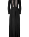 Make a dramatic evening debut in By Malene Birgers floor-lengh pleated black silk gown, complete with trend-favorite lace panels for a lady-chic edge of after-hours elegance - Rounded neckline, long sleeves, buttoned cuffs, tailored waistline, sheer back, buttoned key-hole cut-out at nape - Finish with platform sandals and a clutch