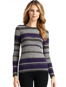 THE LOOKLuxe 2-ply cashmere from expertly maintained inner Mongolian cashmere goatsFeatures long, fine, smooth fibers top-dyed for maximum color saturationStriped designOpen weave metallic accentsRibbed roundneckLong ribbed cuff sleevesRibbed hemTHE FITAbout 24 from shoulder to hemTHE MATERIALCashmereCARE & ORIGINDry cleanImportedModel shown is 5'10 (177cm) wearing US size Small. THE LOOKLuxe 2-ply cashmere from expertly maintained inner Mongolian cashmere goatsFeatures long, fine, smooth fibers top-dyed for maximum color saturationStriped designOpen weave metallic accentsRibbed roundneckLong ribbed cuff sleevesRibbed hemTHE FITAbout 24 from shoulder to hemTHE MATERIALCashmereCARE & ORIGINDry cleanImportedModel shown is 5'10 (177cm) wearing US size Small.