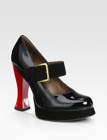 An architectural heel and suede buckled strap update this traditional patent leather Mary Jane silhouette. Lacquered metal heel, 4¾ (120mm)Suede-covered platform, ½ (15mm)Compares to a 4¼ heel (110mm)Patent leather and suede upperAdjustable suede ankle strapLeather liningLeather and rubber solePadded insoleMade in Italy