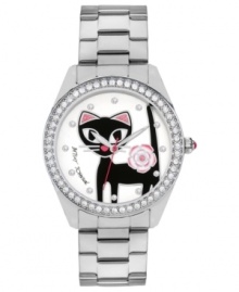 Meow-worthy fashion from Betsey Johnson. This classic watch gets added sass with crystal accents and a darling cat graphic. Meow-worthy fashion from Betsey Johnson. This classic watch gets added sass with crystal accents and a darling cat graphic.