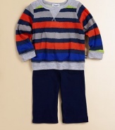 Bright stripes atop solid pants, both in soft knit for stylish comfort and ease. Tee:Ribbed crewneck with V insetLong sleeves with contrast ribbed cuffsRibbed bottom Pants:Elasticized waistOne back patch pocketStraight shapeCottonHand washImported