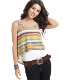 American Rag's high-low striped tank has a 1970's vibe that always looks chic. Pair it with flared jeans and boots for an outfit that never goes out of style! American Rag's high-low striped tank has a 1970's vibe that always looks chic. Pair it with flared jeans and boots for an outfit that never goes out of style!
