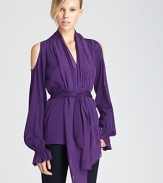 Wrap up in luxe layers of silk with this Rachel Zoe scarf top boasting chic shoulder cutouts and flattering belted waist.