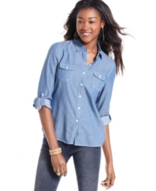 For a casual look that's totally polished, don this chambray top from Confess! Features subtle topstitching and cool roll-tab sleeves. For a casual look that's totally polished, don this chambray top from Confess! Features subtle topstitching and cool roll-tab sleeves.