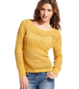 Layer on the cute! Open-knit style meets classic cable knit design on this boat neck sweater from Cotton Emporium.