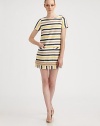 Sporty stripes and bands of eyelash fringe dress up this simple shift.Jewel necklineShort sleevesWelt pocketsFrayed trimRaw-edged hemlineFully linedBack zipAbout 16 from natural waist49% cotton/26% polyester/13% rayon/8% nylon/4% cuproDry cleanImportedModel shown is 5'11 (180cm) wearing US size Small. 
