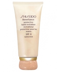 Shiseido Benefiance Protective Hand Revitalizer SPF 8. A silky hand cream that defends against roughness and dryness while providing a healthy, youthful clarity to skin. Provides moisture for smooth skin and protects hands from daily UV damage. Invisible, non-oily formula massages easily and quickly into the skin. Use daily after washing for continous protection. Shiseido Benefiance Protective Hand Revitalizer SPF 8. A silky hand cream that defends against roughness and dryness while providing a healthy, youthful clarity to skin. Provides moisture for smooth skin and protects hands from daily UV damage. Invisible, non-oily formula massages easily and quickly into the skin. Use daily after washing for continous protection.
