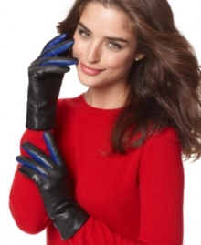 Contrasting colors create an alluring aesthetic on Charter Club's chic leather gloves. Contrasting colors create an alluring aesthetic on Charter Club's chic leather gloves.
