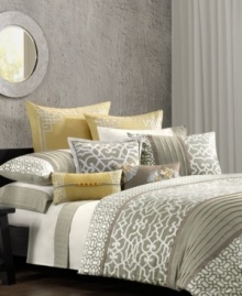 Eastern art is the inspiration behind this N Natori Fretwork comforter set with interlaced geometric patterns, delicate chain-stitching, embroidered details and sophisticated pleats. Eastern art is the inspiration behind this N Natori Fretwork comforter set with interlaced geometric patterns, delicate chain-stitching, embroidered details and sophisticated pleats.