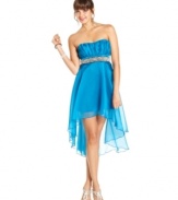 Trixxi takes the high-low look to new heights with this rhinestone-embellished strapless dress! Pair it with glityz sandals for a perfect party look!