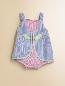 A pretty tulip adorns the front of this adorable one-piece in colorful seersucker for a cozy, stylish ensemble.Straight necklineWide strapsHidden back zipperElastic leg openings55% cotton/45% polyesterMachine washImported A pretty tulip adorns the front of this adorable one-piece in colorful seersucker for a cozy, stylish ensemble.Straight necklineWide strapsHidden back zipperElastic leg openings55% cotton/45% polyesterMachine washImported