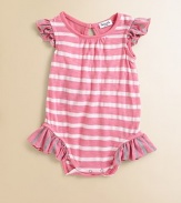 Fancy flutter sleeves and darling ruffles lend this cozy, striped one-piece a romantic touch.Round necklineShort flutter sleevesBack keyhole buttonBottom snaps42% polyester/29% supima cotton/29% modalMachine washImported Please note: Number of buttons and snaps may vary depending on size ordered. 