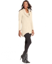 Simple, yet totally chic and festive too! Style&co. updates a tunic sweater with metallic-flecked nubby knit fabric and a trendy high-low hem. Simple, yet totally chic and festive too! Style&co. updates a tunic sweater with metallic-flecked nubby knit fabric and a trendy high-low hem.
