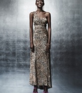 Look fierce & fashion-forward in this attention-commanding Morgan & Co. sequined & leopard-printed long gown -- chain hardware details add edge!
