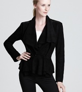 Update your fall closet with this Edun jacket in luxe suede, sporting an on-trend peplum and edgy zip accents.