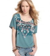 Tribal print appears in soft brushstrokes on this painterly top from Belle Du Jour that works perfectly for an easy day look!