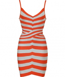 Ultra-flattering stripes and a sweetheart neckline add trend-right appeal to this figure-hugging bandage dress from Herv? L?ger - Sweetheart neckline, thin spaghetti straps, crisscross bandage panels in a contrasting stripe pattern, open back, concealed back zip closure with solid seam detail, fitted silhouette, mini length - Style with metallic platform heels and a statement clutch for cocktail-ready chic