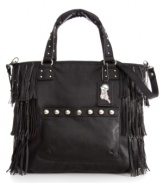 Have some fun on the fringe with this glammed-up take-anywhere tote from Carlos by Carlos Santana. The classic silhouette is made instantly mod with side fringe accents and faceted stud detailing on the handles and front pocket. And the roomy interior features zip and organizing pockets for all your extras.