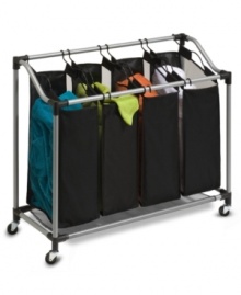 Separate the clean from the dirty, the colors from the darks, the delicate from the durable-this deluxe quad sorter makes space for all of your laundry needs. Featuring four lift-out mesh bags that are mildew-resistant, this heavy-duty steel sorter is set on wheels for easy access around the house. Separate the clean from the dirty, the colors from the darks, the delicate from the durable-this deluxe quad sorter makes space for all of your laundry needs. Featuring four lift-out mesh bags that are mildew-resistant, this heavy-duty steel sorter is set on wheels for easy access around the house.