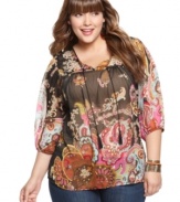 Sheer chiffon and an exotic print give One World's plus size peasant top a global-glam look! Detailed embroidery adds a luxe touch.