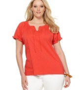 Get chic casual style on a budget with Charter Club's short sleeve plus size peasant top, accented by charming embroidery-- it's an Everyday Value!