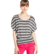 Stripe it up in this top from Eyeshadow! A smocked hem and blouson bodice adds cute style to a casual piece!