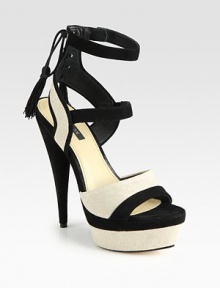 Linen covered platform with contrasting suede trim, a wrap-around ankle strap and lace-up tassels at the back. Suede-covered heel, 6 (150mm)Covered platform, 1½ (40mm)Compares to a 4½ heel (115mm)Suede and linen upperLeather lining and solePadded insoleImportedOUR FIT MODEL RECOMMENDS ordering one half size up as this style runs small. 