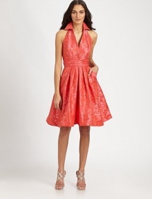 Colorful, luxe brocade, tailored in a flattering halter style and finished with hidden side pockets.Halter neckline with foldover collarPrincess seamsRuched waistbandPleated skirtSide slash pocketsConcealed back zipFully linedAbout 23 from natural waistPolyesterDry cleanImported of Italian fabricModel shown is 5'9½ (176cm) wearing US size 4. 