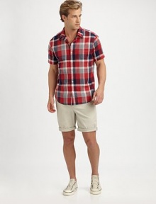 A spirited plaid on cool, crisp cotton makes this your go-to shirt on warm weather weekends.Point collarButton frontChest pocketShort sleevesRounded shirttailsCottonMachine washImported