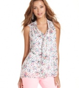 Avian love: colorful birds soar across this breezy, sleeveless bow blouse from Pout!