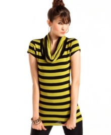 Got stripes? This cap sleeve top from Planet Gold features a draping, cowl neck and the boldest print of all. Got stripes? This cap sleeve top from Planet Gold features a draping, cowl neck and the boldest print of all.
