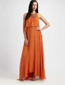 An ornate neckline of beads and baubles adds an instant accessory to ethereal silk chiffon.Layered bodice Asymmetric hem Invisible back zip closure About 54 from natural waist Silk; polyester lining Spot clean Imported An ornate neckline of beads and baubles adds an instant accessory to ethereal silk chiffon.Layered bodice Asymmetric hem Invisible back zip closure About 54 from natural waist Silk; polyester lining Spot clean Imported