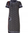 Marvelously modern with a mix of textural knit patterning and ultra contemporary swirling felted wool trim, this shift dress is a cool take on the iconic Missoni look - Round neckline, short sleeves, pull-over style - Straight silhouette, falls below the knee - Team with statement bangles and sky-high ankle boots