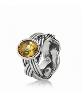 A braided band in sterling silver grounds a faceted, bezel-set bear quartz stone. Ring by PANDORA.