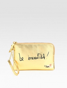 Remind yourself to live fearlessly with this metallic leather design.Detachable wristlet strap, 7½ dropZip top closureThree credit card slotsOne inside zip pocketTwo inside open pocketsFully lined8½W X 5½H X 1DImported