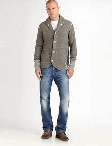 Stay stylishly warm in this sumptuous fleece cotton blend cardigan with button details and contrast trim for a modern feel.ButtonfrontShawl collarBanded cuffs and hem60% cotton/40% polyesterDry cleanImported