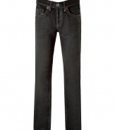 Add instant cool factor to your casual look with these slim jeans from True Religion - Classic five-pocket styling, decorative back pockets with logo detail, straight leg, slim fit - Pair with a tee and a blazer or a cashmere sweater