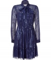 Ultra-feminine and undeniably chic, this sequin-detailed frock will instantly elevate your cocktail look - Sheer bodice with stand collar with tie-neck and long sleeves, front button half placket, solid camisole dress underlay, full tiered skirt, all-over sequin embellishment - Wear with an A-line wool coat and high-heel booties