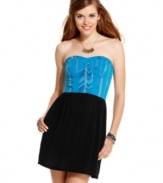 A feisty, bustier-style top is anchored by a classic skirt on this super-cute day dress from Material Girl!