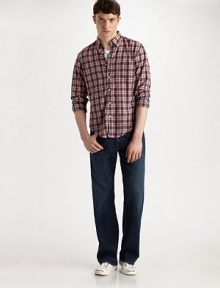 A dressed-down, utterly relaxed fit in superior Japanese denim, dark-washed and cleanly styled for a perfect finish. Five-pocket style Signature stitching on back pockets Inseam, about 34 Cotton/lycoell/polyurethane Machine wash Made in USA A dressed-down, utterly relaxed fit in superior Japanese denim, dark-washed and cleanly styled for a perfect finish. Five-pocket style Signature stitching on back pockets Inseam, about 34 Cotton/lycoell/polyurethane Machine wash Made in USA