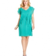 Flaunt flirty style with Spense's flutter sleeve plus size dress, cinched by a drawstring waist-- it's über-cute for day or date night! (Clearance)