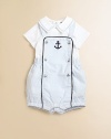 Set sail for this charming two-piece set with nautical embroidery and colorful stripes. Overall SquareneckSleevelessShoulder buttonsElastic waistbandBottom snaps for easy on and off Bodysuit Embroidered, pointed collarShort sleevesBack snapsBottom snapsCottonMachine washImported Please note: Numbers of buttons and snaps may vary depending on size ordered. 