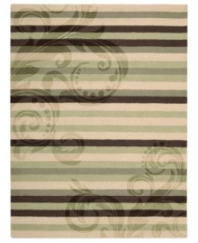 The layered look. Enhance your living area with the beautiful style and sheen of Nourison's Elements rug. Hand-loomed of plush wool for incredible texture, the luminous rug features a sweeping scrollwork design layered against earthy, neutral stripes. The layered look. Enhance your living area with the beautiful style and sheen of Nourison's Elements rug. Hand-loomed of plush wool for incredible texture, the luminous rug features a sweeping scrollwork design layered against earthy, neutral stripes.